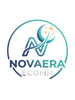 A circular logo for Novaera Ecomm, featuring a stylized 'N' with a crescent moon and stars in blue, teal, and gold, with 'NOVAERA ECOMM' written below on a dark circular background, centered on a light textured off-white backdrop.